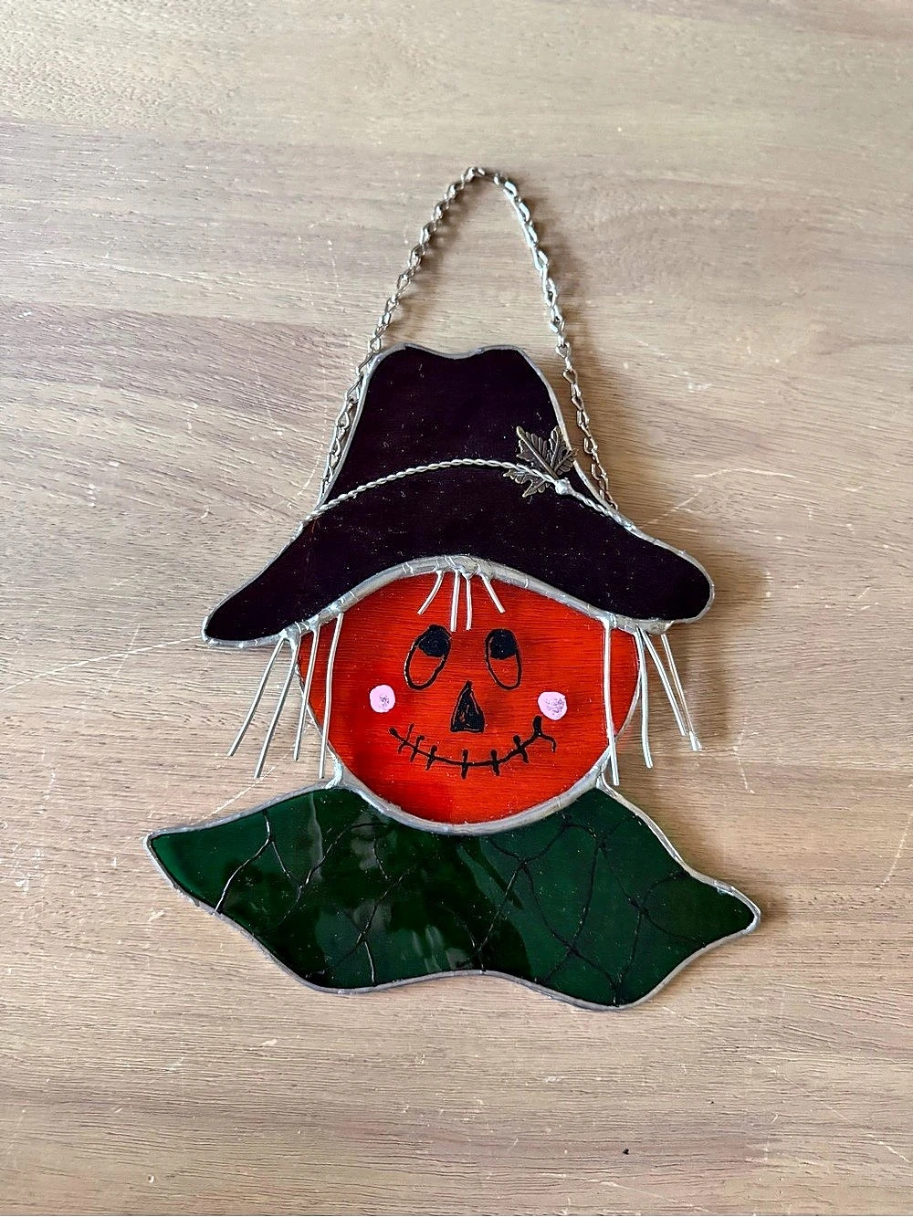 Vintage handmade Stained Glass Scarecrow Head Suncatcher